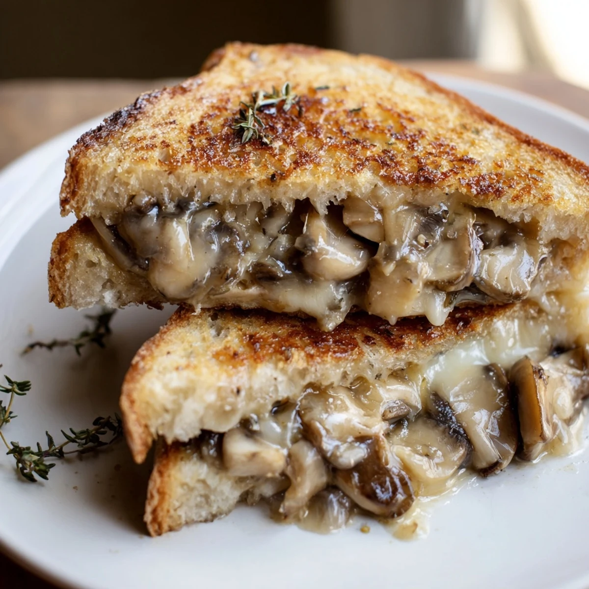 Golden brown creamy mushroom grilled cheese, a comforting sandwich oozing with melted cheese and flavor.