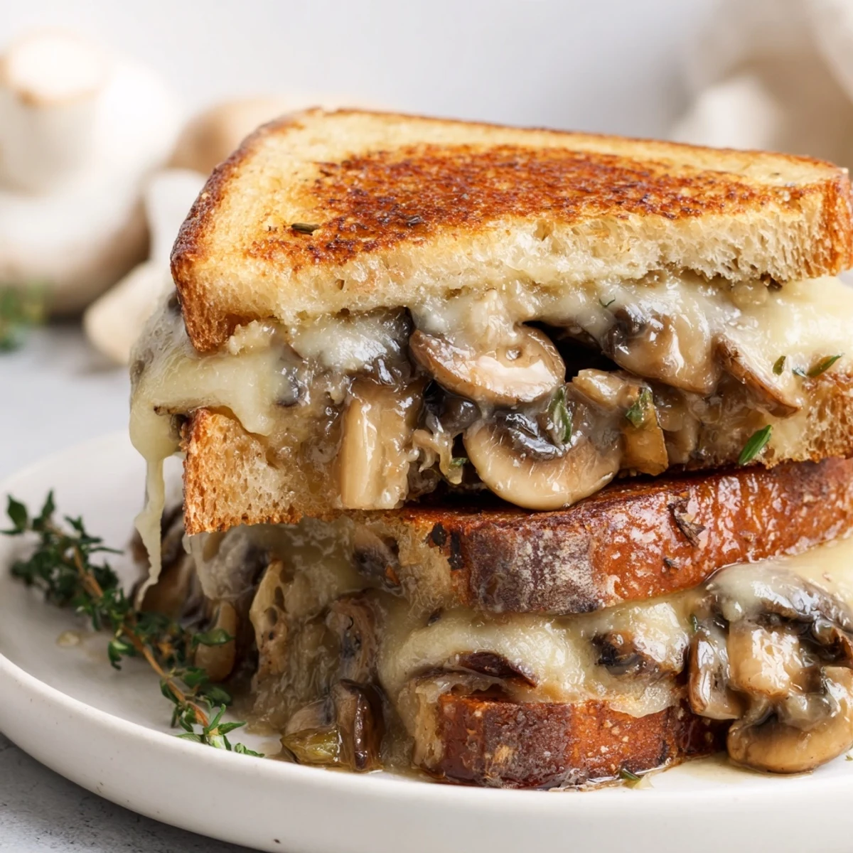 Close-up of a warm, toasty creamy mushroom grilled cheese, ready to be sliced and enjoyed right away.