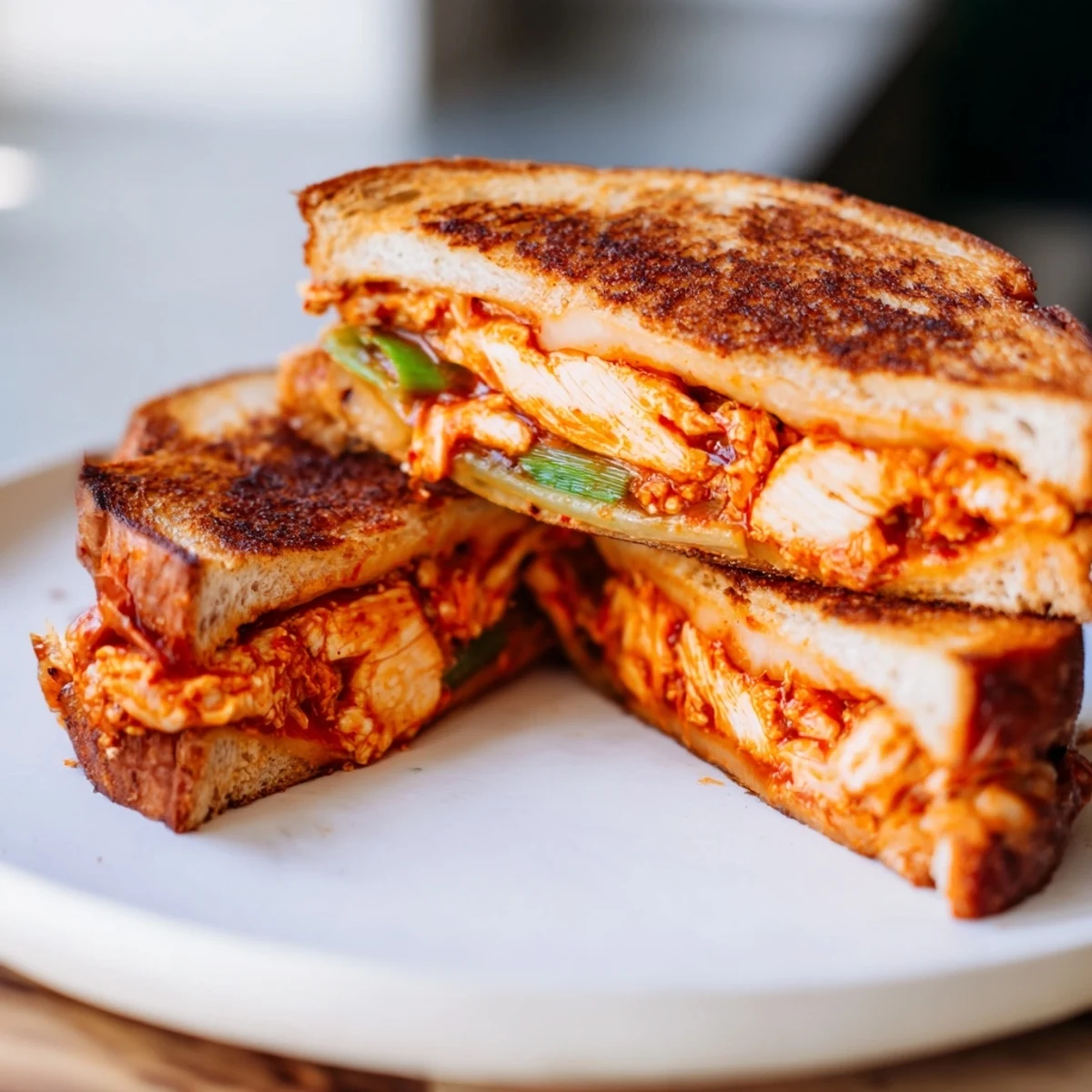 A close-up of a perfectly grilled Gochujang Mayo Chicken Sandwich showing the crispy bread and savory fillings.