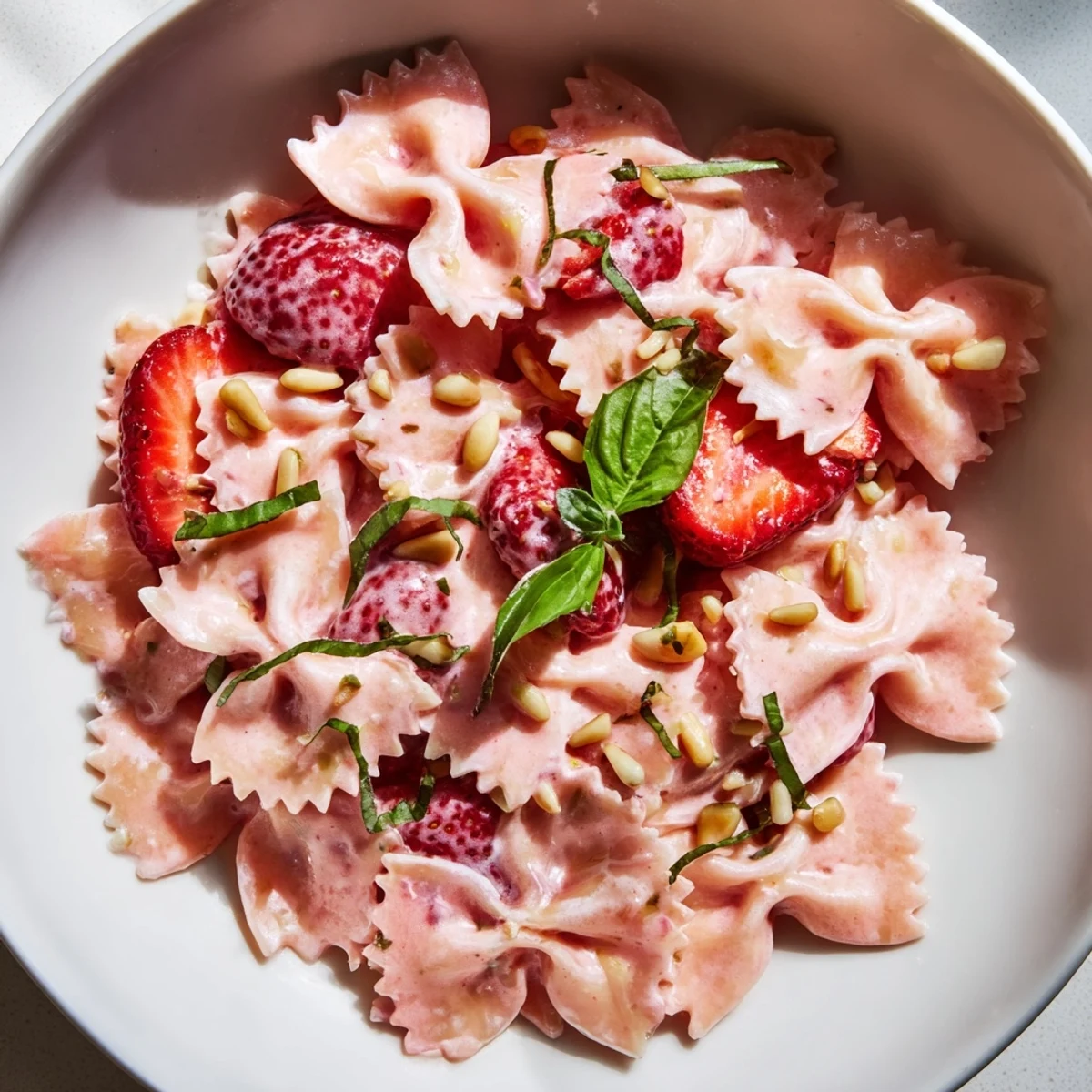 Vibrant pink Strawberry Sour Cream Pasta, garnished with fresh basil, ready for a delicious summertime meal.