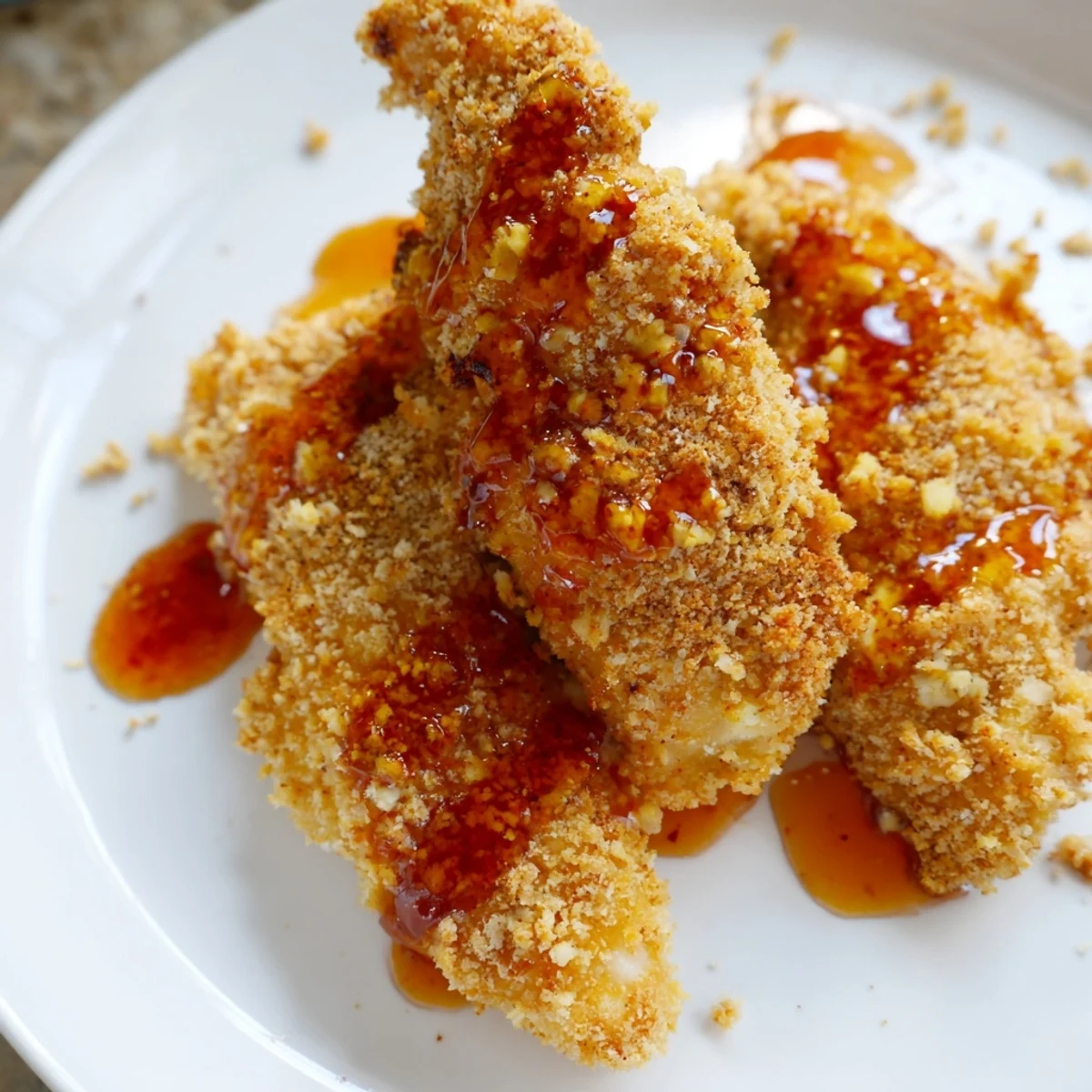 Golden-brown crispy panko chicken tenders drizzled with fiery hot honey, ready to serve with a side.