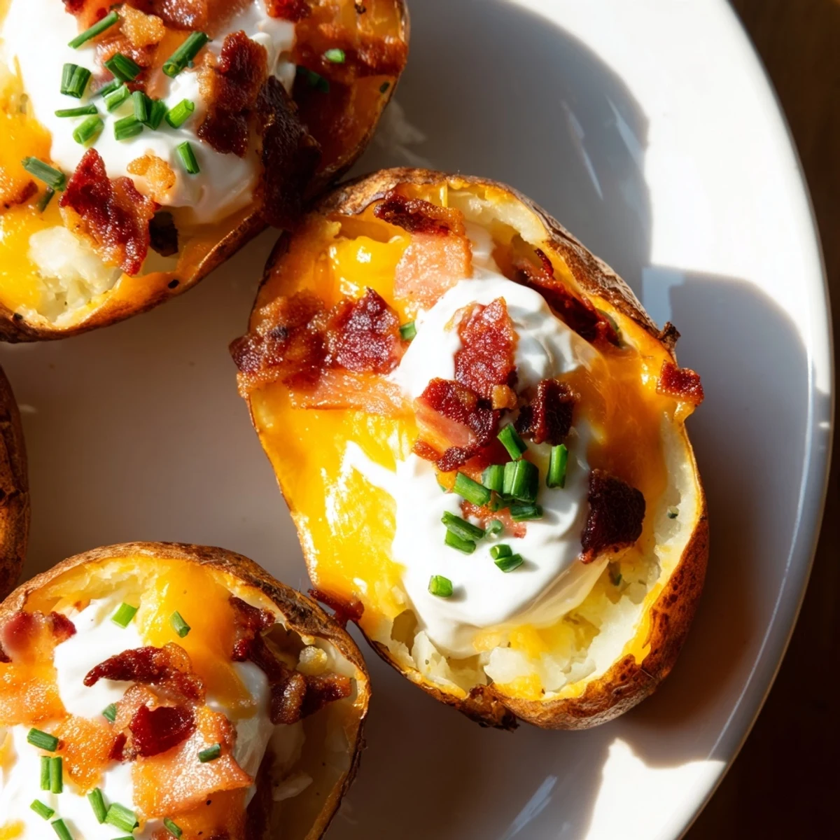 Loaded baked potato skins bursting with melted cheese, crispy bacon, and cool sour cream.