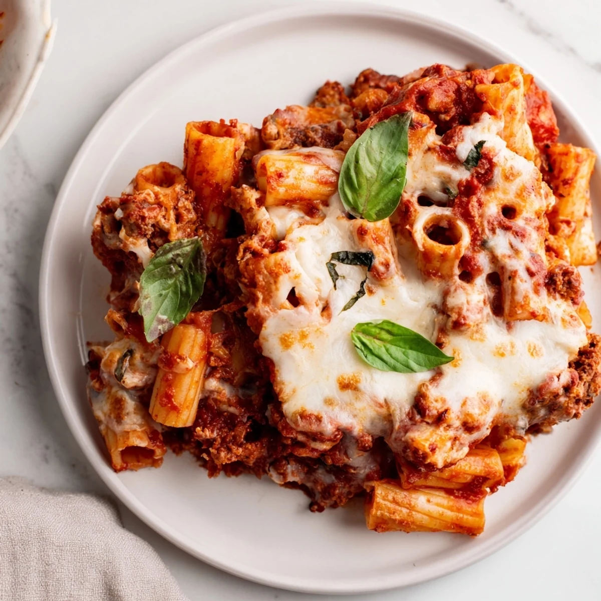 Fragrant, cheesy baked ziti fresh from the oven, with a bubbling red marinara sauce.