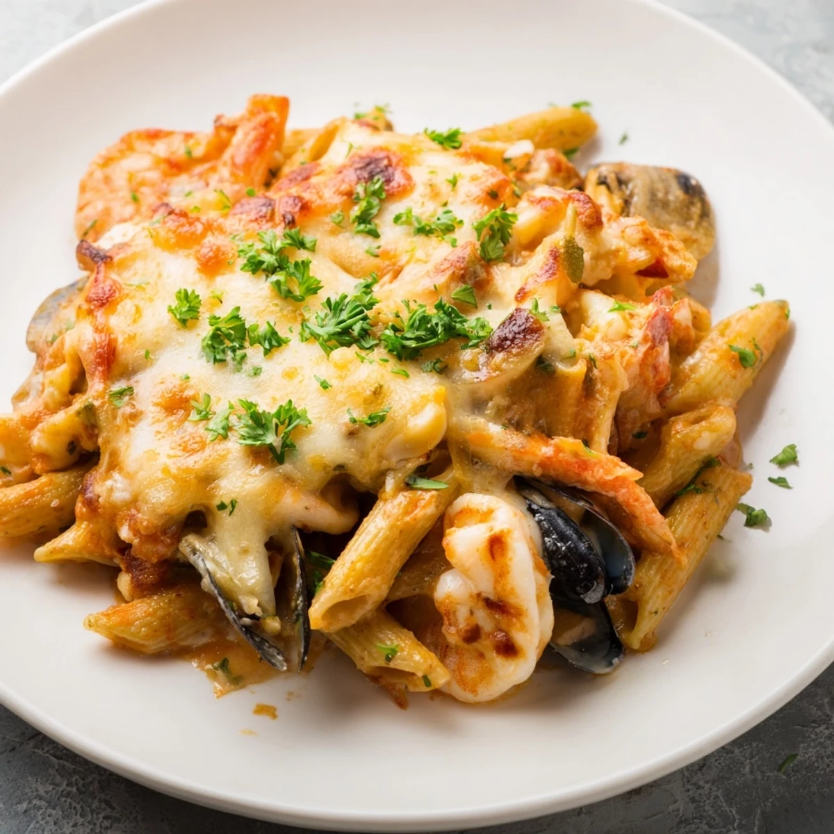 Golden-topped Seafood Pasta Bake featuring a creamy tomato sauce and perfectly cooked seafood, ready to serve.