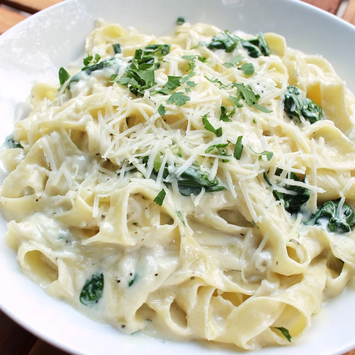 Creamy Spinach Fettuccine Alfredo: A comforting bowl of pasta with vibrant green spinach and cheesy sauce.