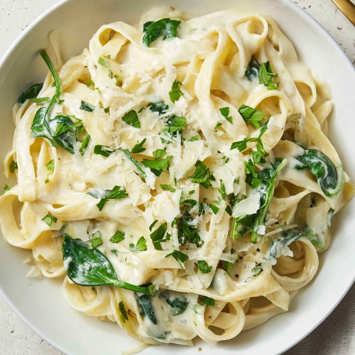 This Creamy Spinach Fettuccine Alfredo features perfectly cooked pasta enveloped in a rich, velvety Alfredo sauce.