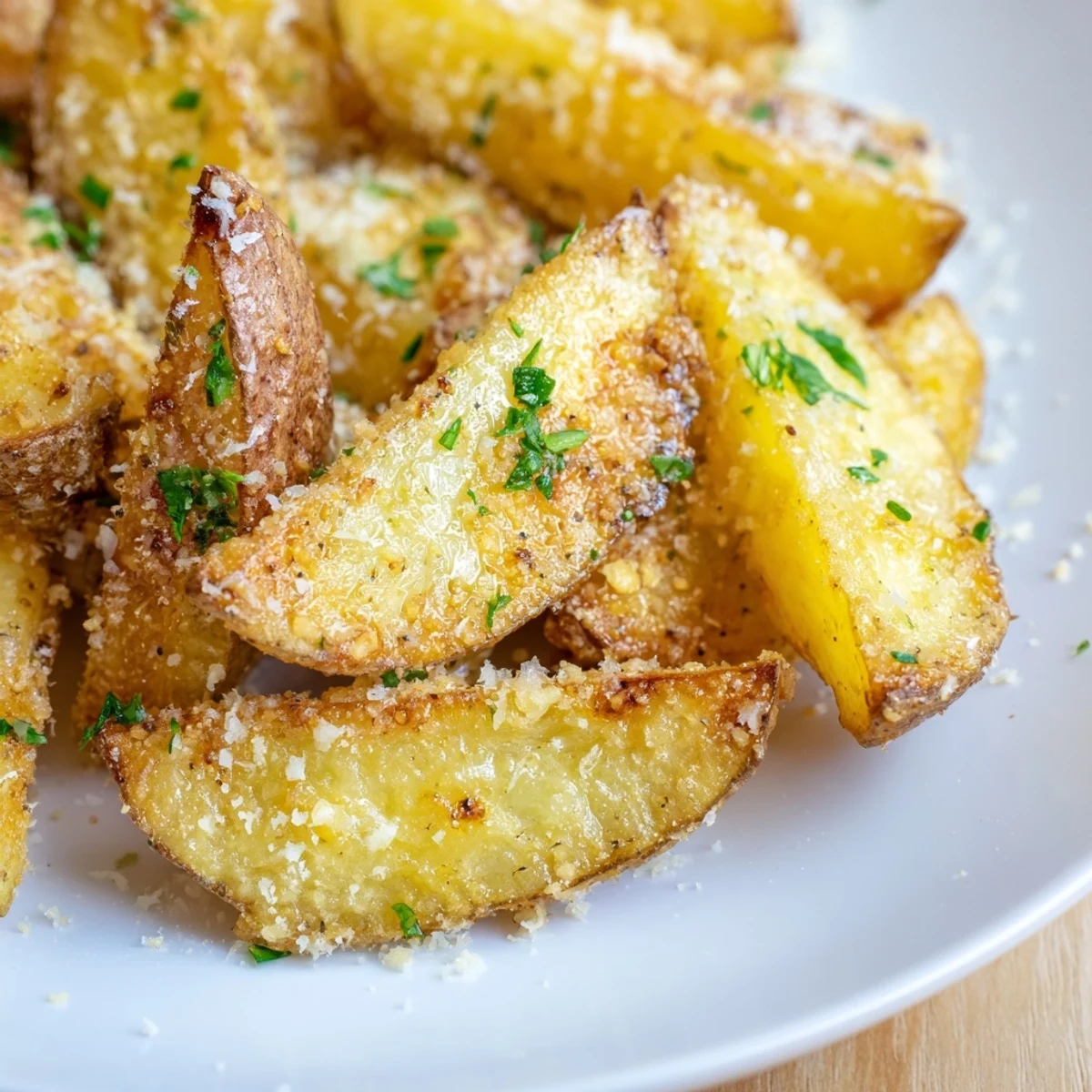 Golden Rosemary Parmesan Potato Wedges, ready to eat, with crispy edges and melted Parmesan.