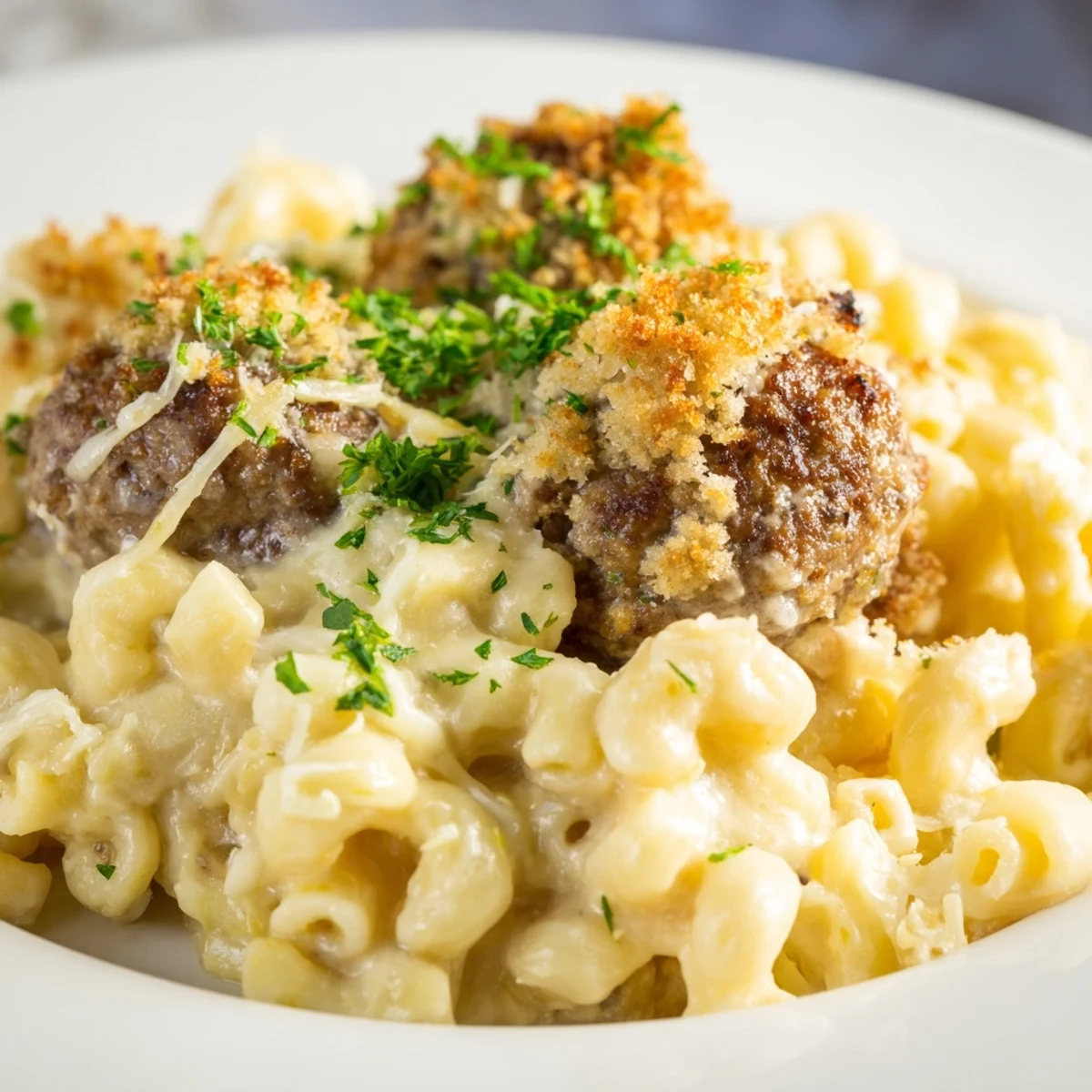 Golden, bubbly Mac & Cheese Meatball Bake, with savory meatballs and a creamy cheese layer.