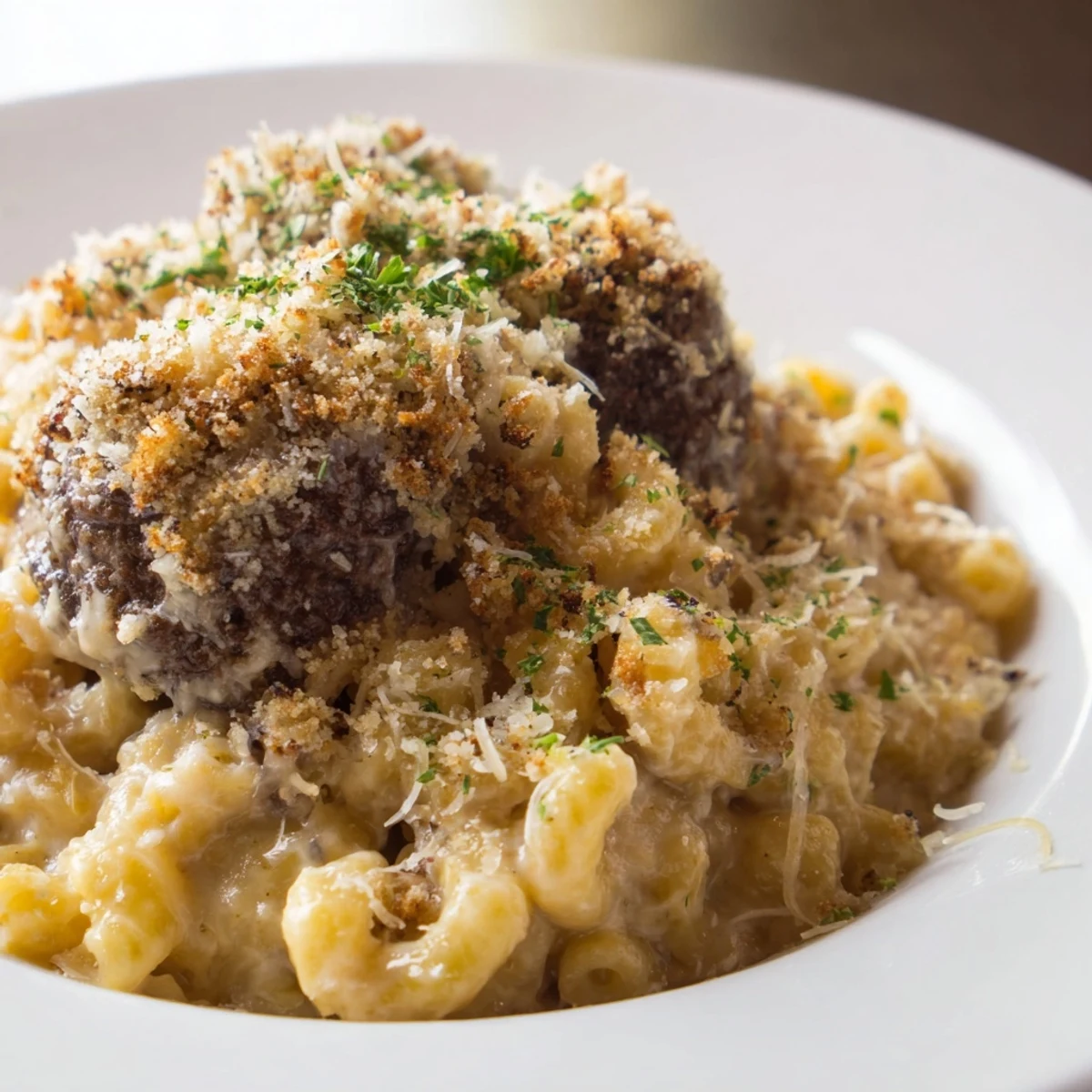 A warm, delicious view: A baked Mac & Cheese Meatball Bake, ready to serve with parsley garnish.