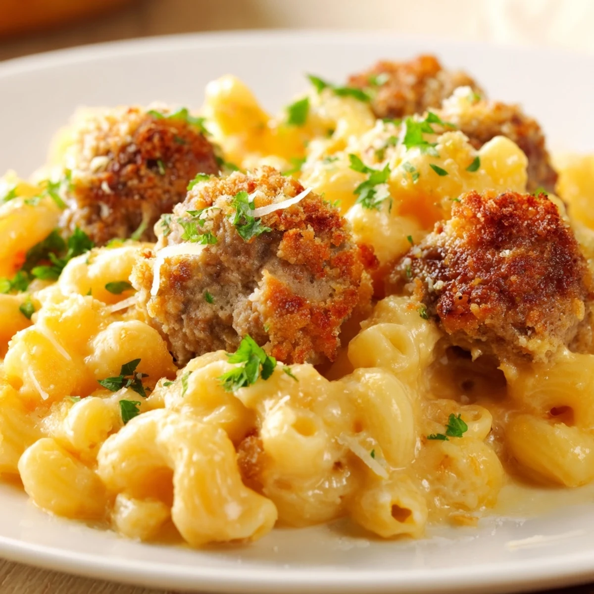 Imagine a classic American Mac & Cheese Meatball Bake, steaming hot with a crispy breadcrumb topping.