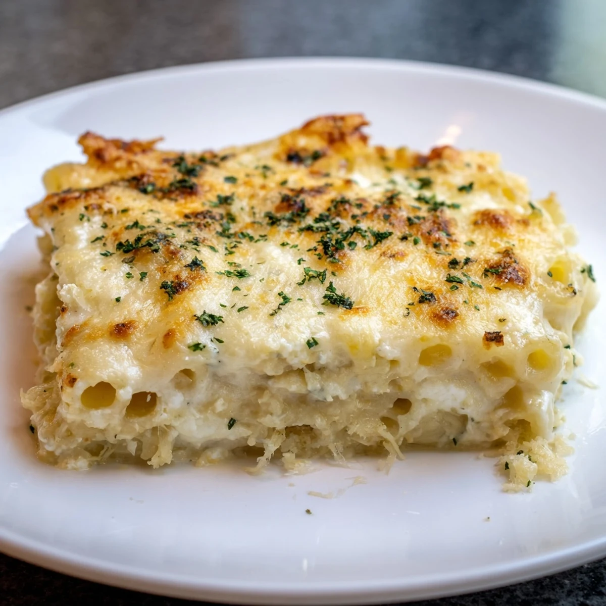 Golden-brown four cheese baked pasta bubbling in a baking dish, ready for a comforting Italian dinner.