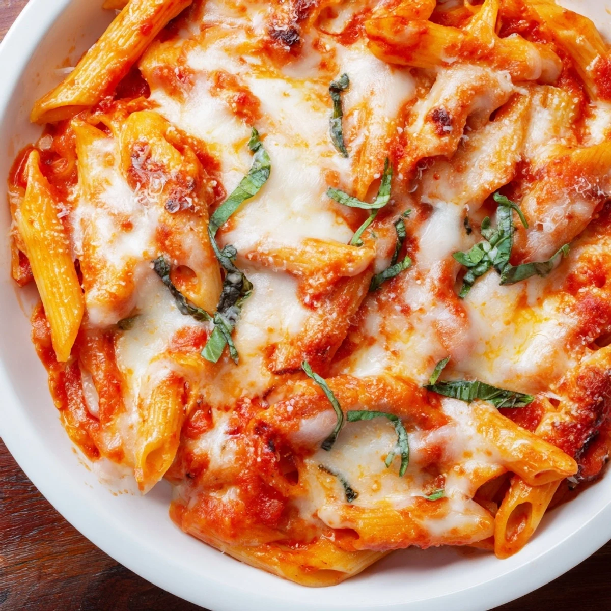 Golden, bubbling Baked Penne Arrabbiata, a vegetarian pasta bake with melted cheese and spicy sauce.