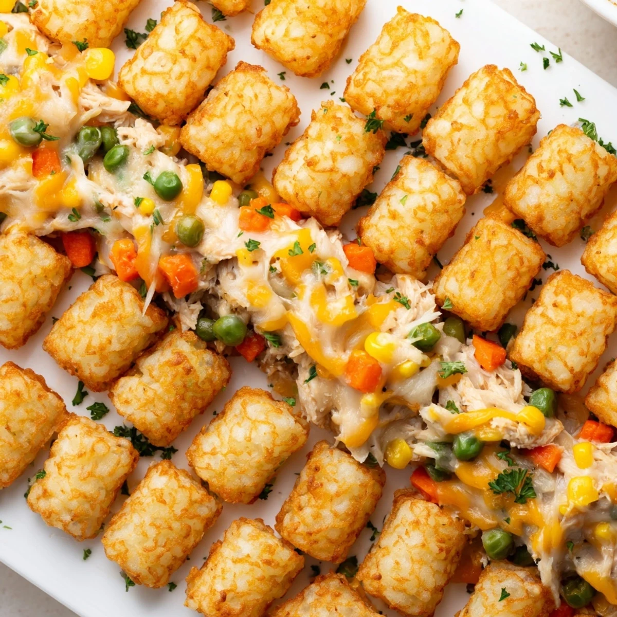 This warm, delicious Tater Tot Casserole features a creamy chicken filling with crispy tater tots.