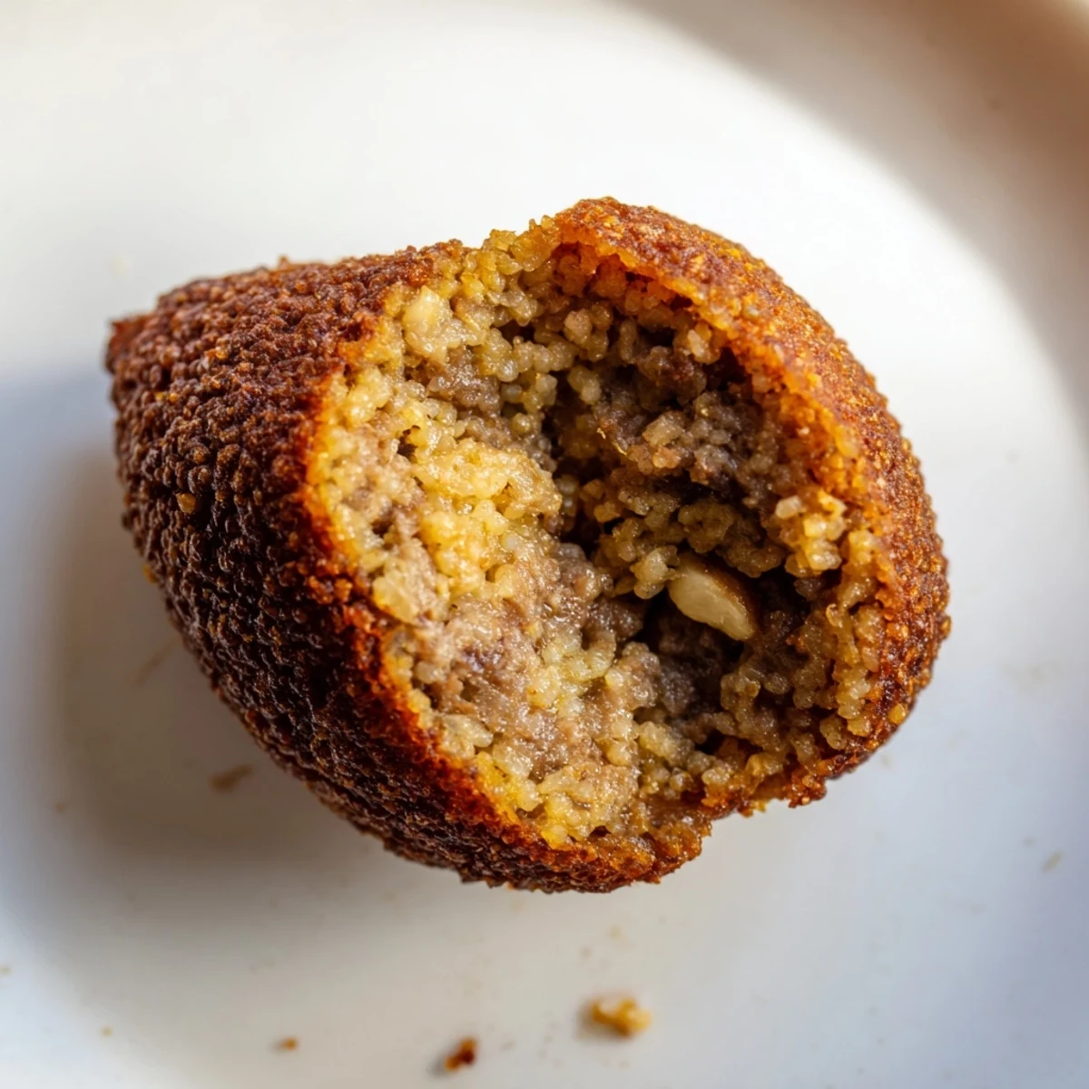 Crispy golden-brown Lebanese Kibbeh, ready to enjoy with a creamy yogurt dip and fresh herbs.