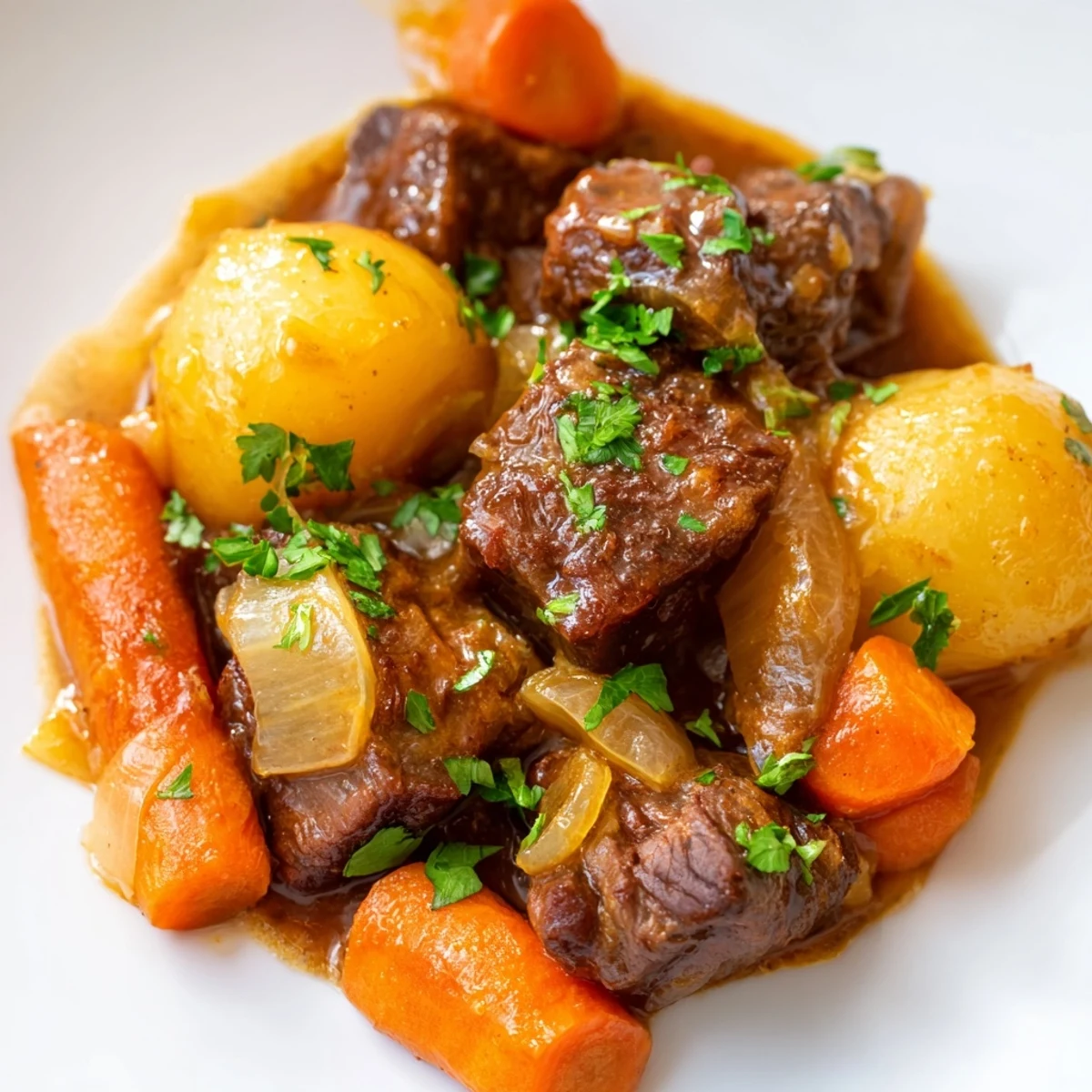 A steaming bowl of Irish beef stew, the tender beef and vegetables look delicious.