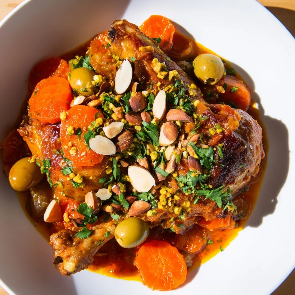 Golden-brown Moroccan Tagine Chicken with apricots, olives, and a rich, spiced broth simmering in a pot.