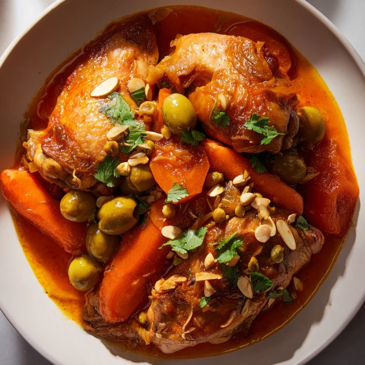 Savory Moroccan Tagine Chicken featuring tender pieces of chicken amidst colorful vegetables and a sweet sauce.