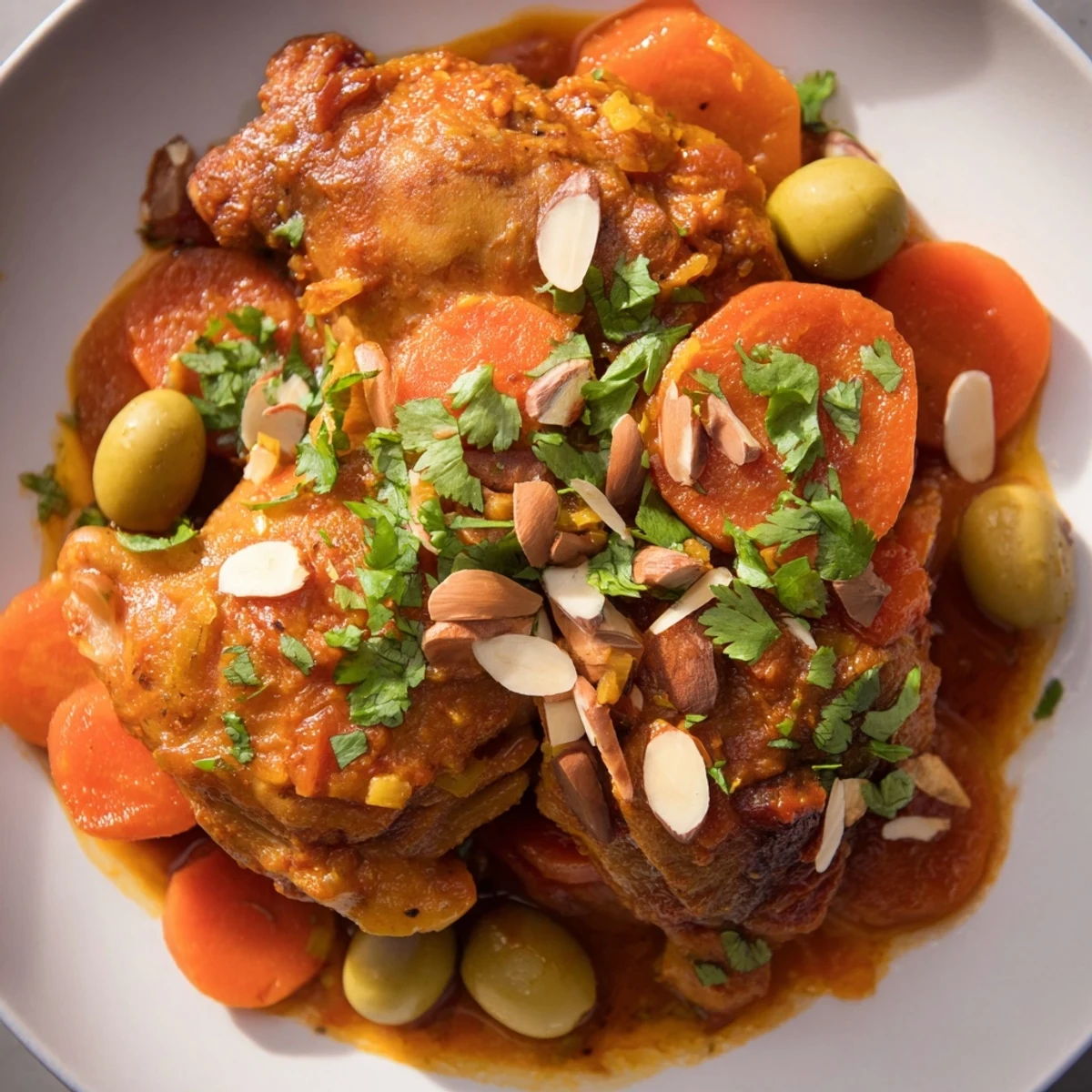 Steam rises from this flavorful Moroccan Tagine Chicken, garnished with fresh cilantro and toasted almond slices.