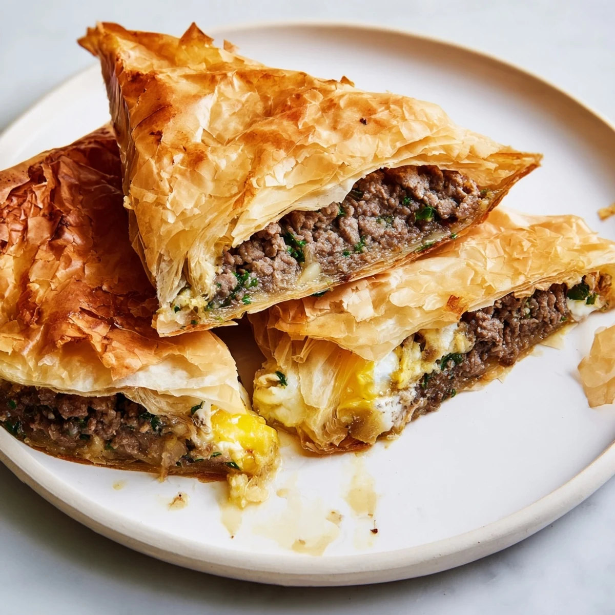 A close-up of a freshly fried Tunisian brik, showcasing the flaky phyllo and delicious meat filling.