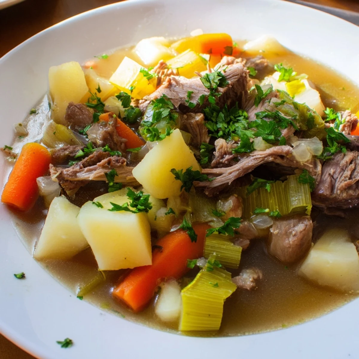 A steaming bowl of Welsh Cawl stew, filled with tender lamb and hearty vegetables.