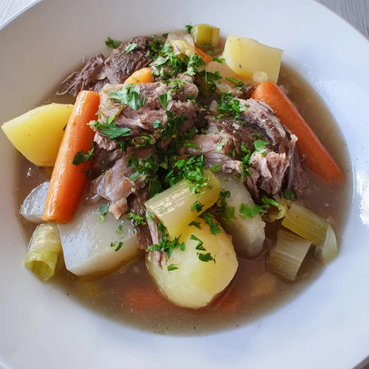 Hearty Welsh Cawl, with chunks of lamb and root vegetables, served hot with crusty bread.