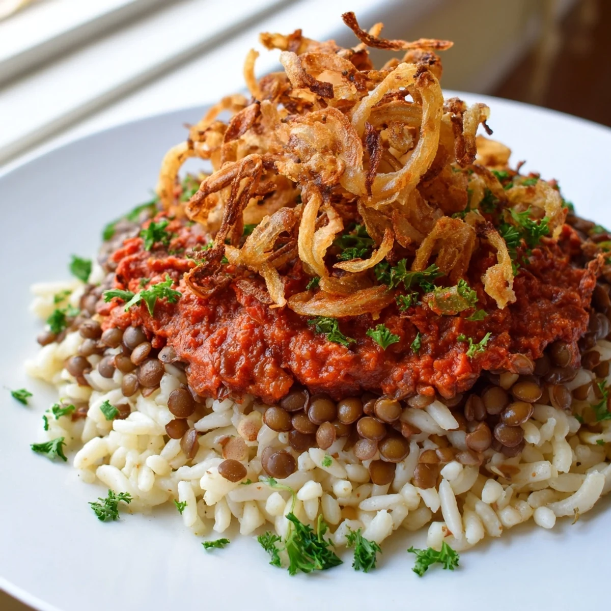 Vibrant red tomato sauce cascades over the layers of the Egyptian Koshari dish, tempting the senses.