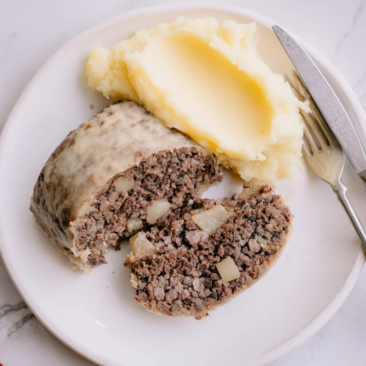 Close-up of golden-brown Scottish haggis glistening, cut open to reveal a flavorful, spiced meat and oat blend.