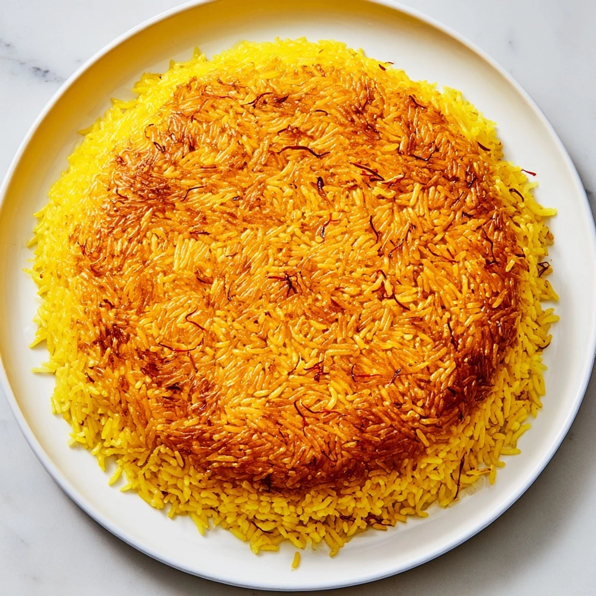 Golden, crispy Persian Tahdig rice is shown freshly flipped onto a platter, a beautiful side dish.