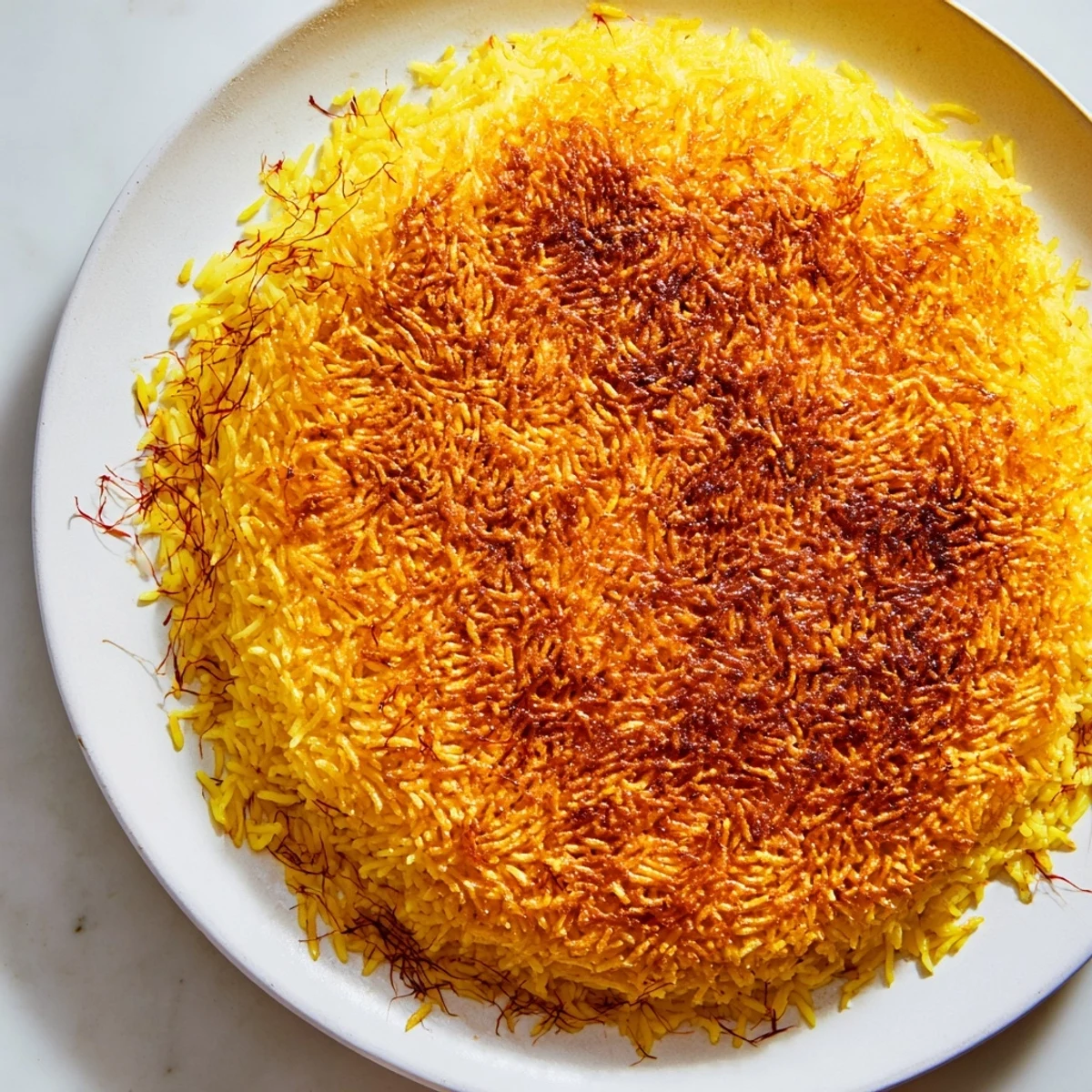 A close-up reveals the amazing, caramelized crust of this Persian Tahdig rice, perfect for a feast.