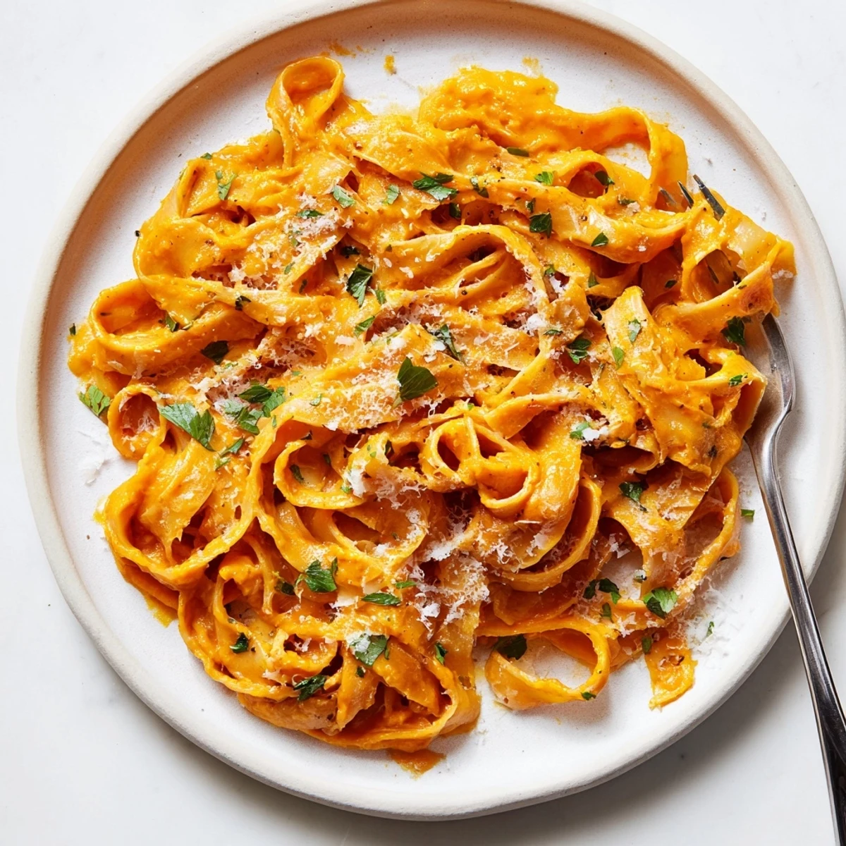 A warm bowl of butternut squash pasta tossed in a velvety, creamy roasted squash sauce, garnished with fresh parsley.  
