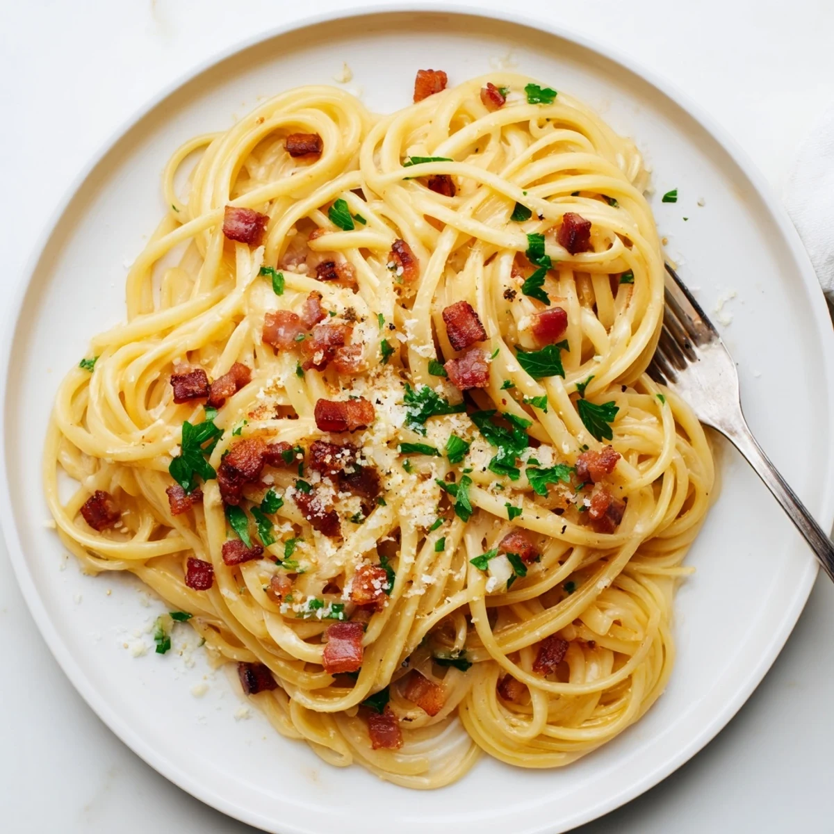 Golden crispy bacon and al dente linguine tossed in a creamy, garlicky sauce on a plate.