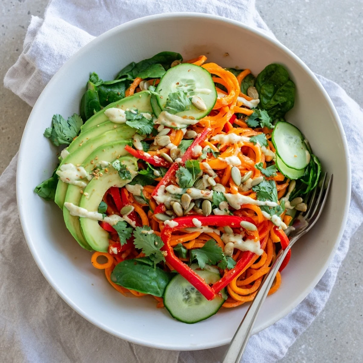 Colorful Carrot Noodle Skincare Bowl topped with creamy avocado and crisp vegetables, drizzled with tahini-lime dressing.