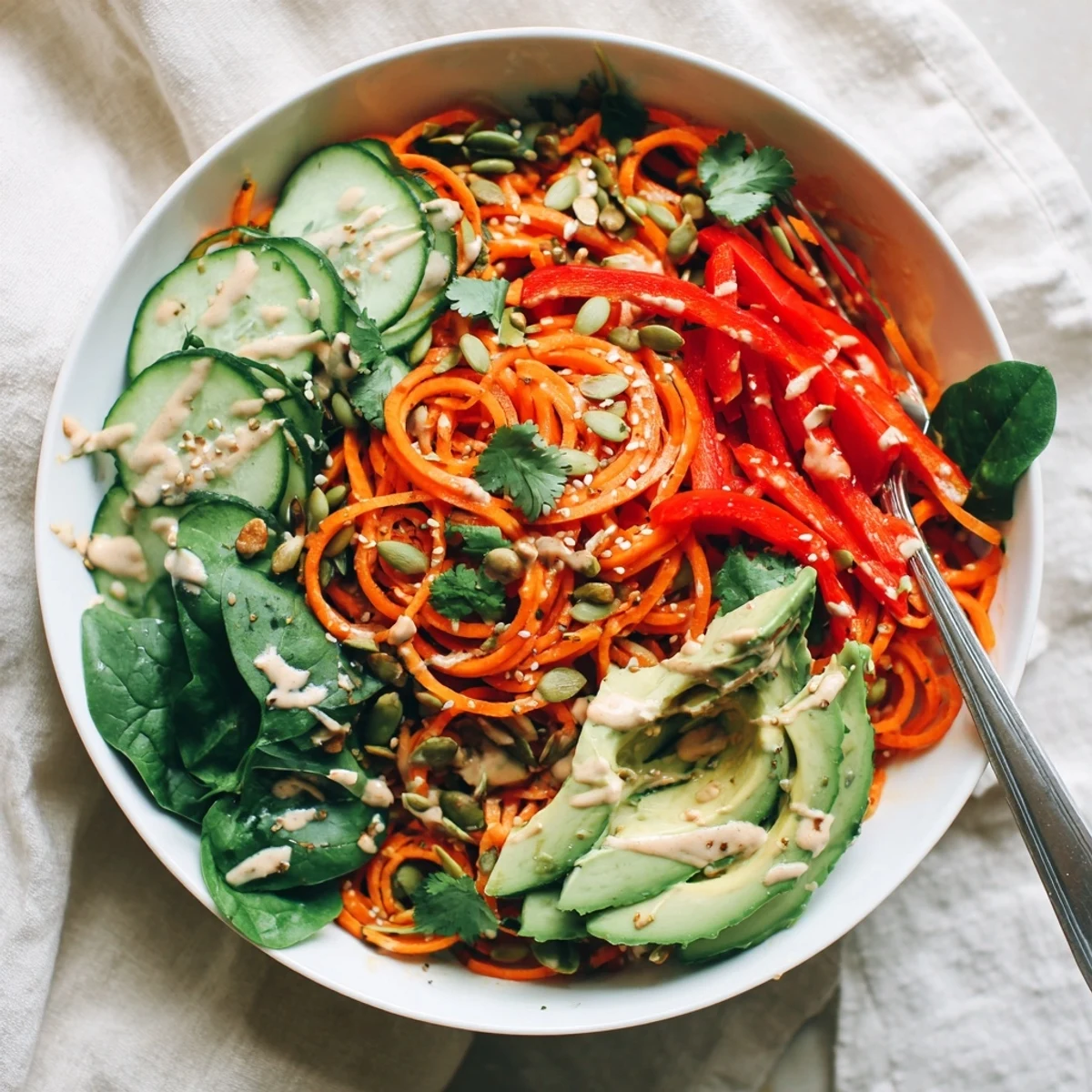 Healthy Carrot Noodle Skincare Bowl served with sesame seeds, pumpkin seeds, and zesty tahini dressing.