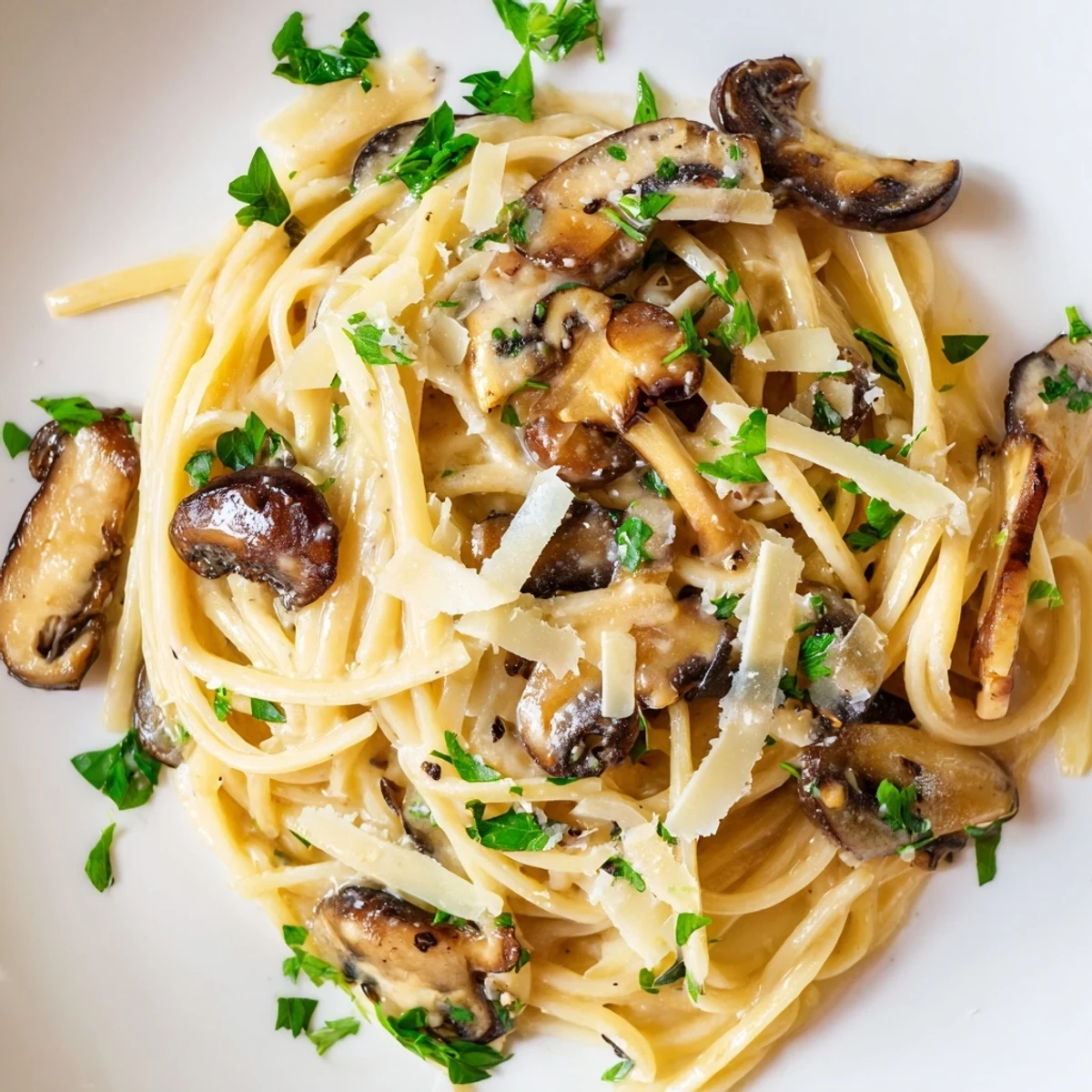 Creamy Mushroom Linguine twirls in a shallow bowl, the silky cream sauce clinging to tender, golden-brown sautéed mushrooms and fresh parsley garnish.  