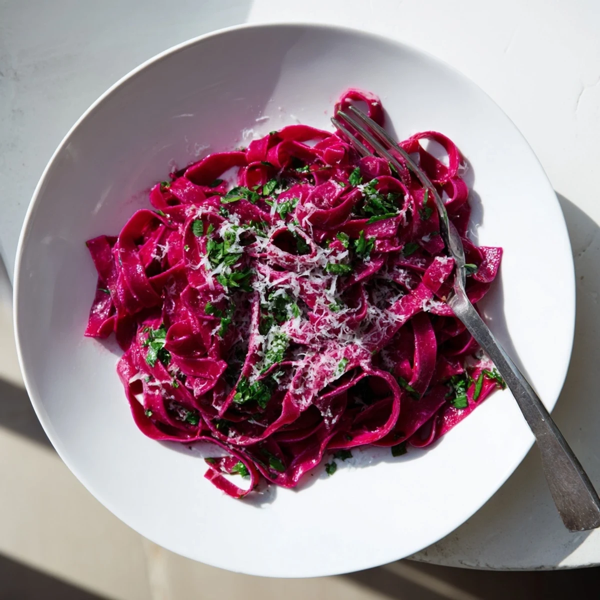 Freshly rolled Beet Noodle Pasta noodles, showcasing their vibrant magenta hue, are dusted with flour on a wooden board.  