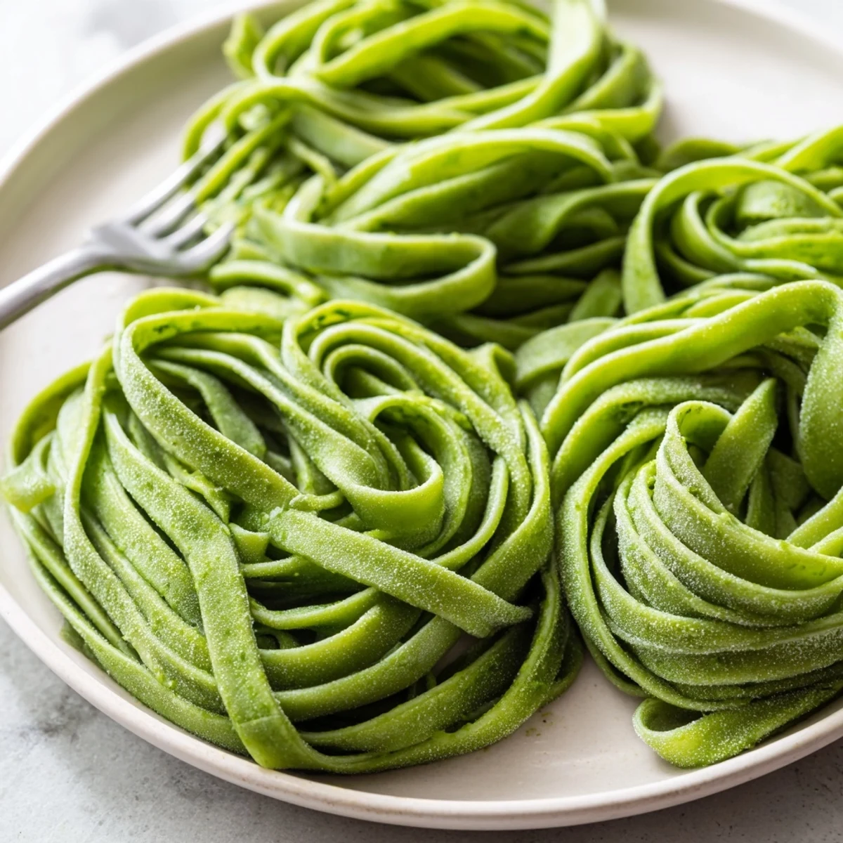 Freshly rolled spinach pasta dough is displayed on a wooden board, showcasing its vibrant green hue and smooth, elastic texture.