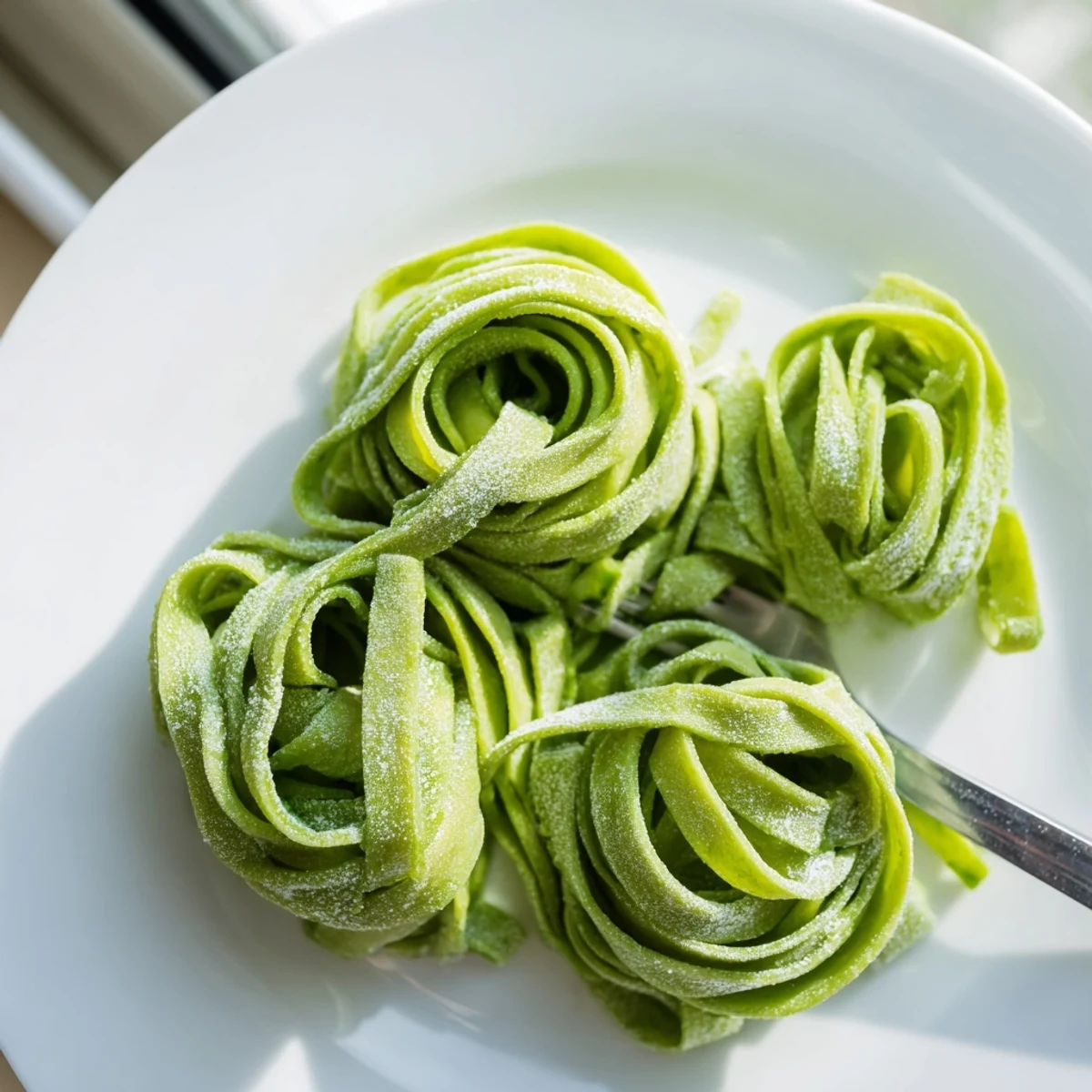 A close-up of rolled-out spinach pasta dough, highlighting its rich color and fresh, homemade appearance in a rustic kitchen.