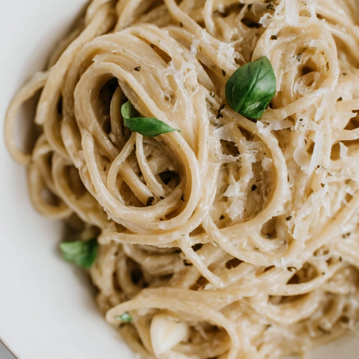 Golden roasted garlic bulbs rest beside simmering pasta sauce, highlighting the comforting Italian flavors and creamy texture.