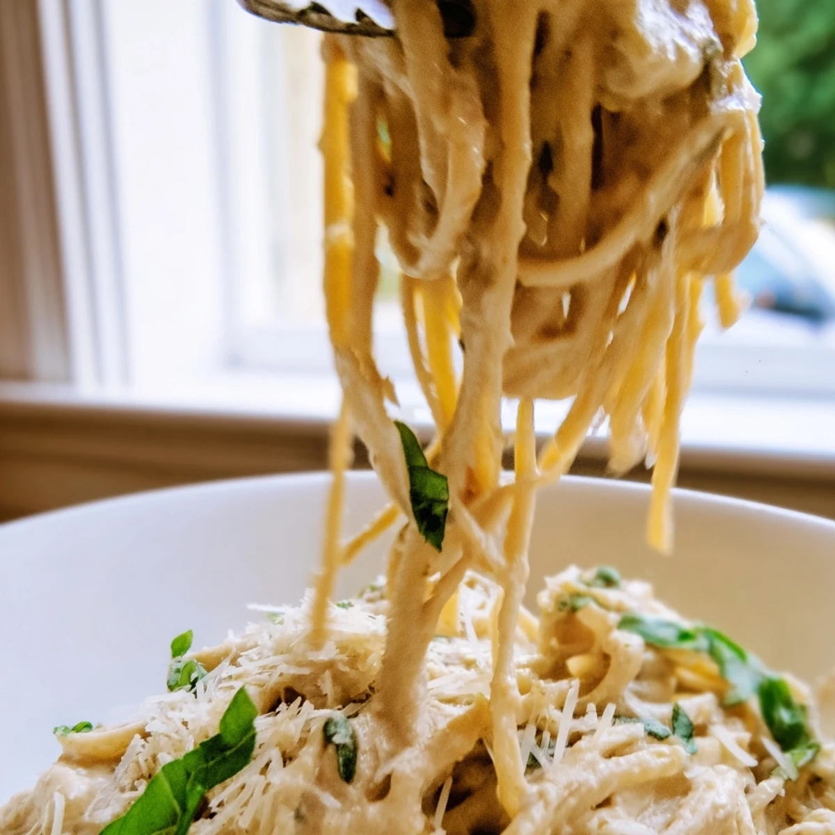 A comforting bowl of roasted garlic pasta sauce garnished with fresh basil and Parmesan, ready for a cozy dinner.