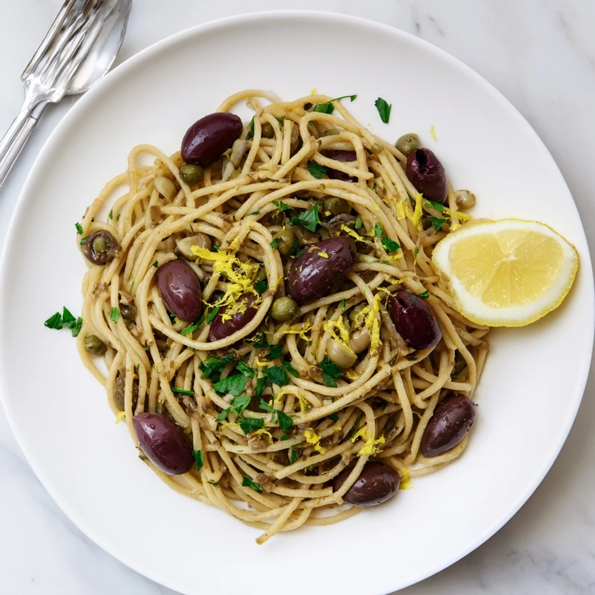 A warm bowl of Olive Tapenade Pasta, garnished with lemon zest and parsley, perfect for a Mediterranean-inspired dinner.