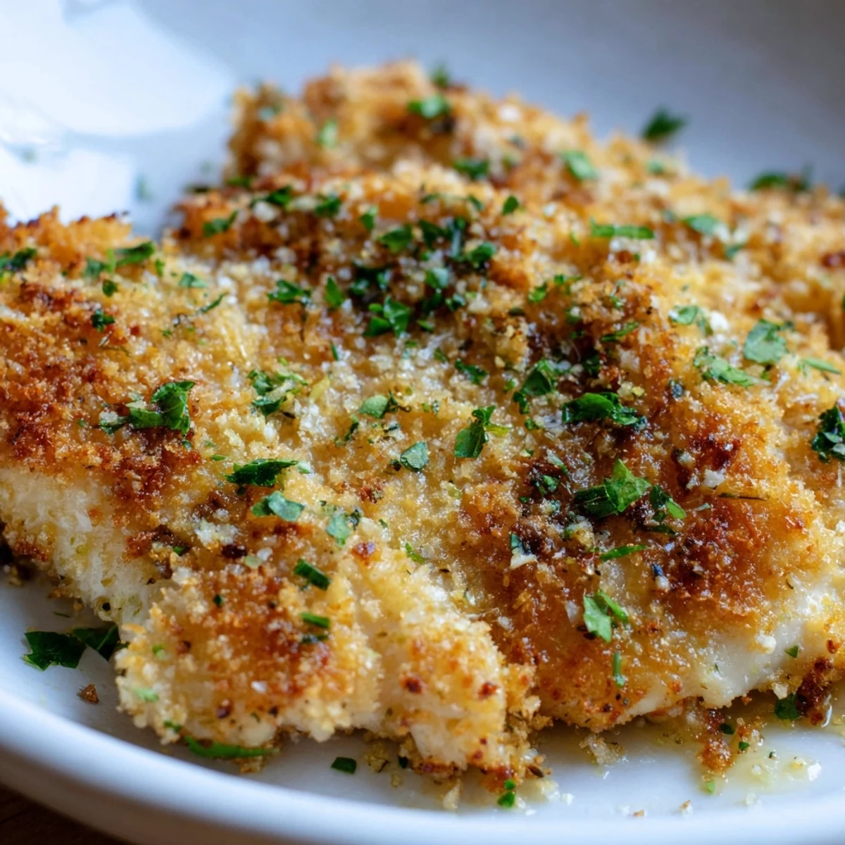 Golden-brown Roasted Garlic Parmesan Chicken rests on a baking sheet, showcasing a crispy, herb-speckled crust and tender interior, garnished with fresh parsley.  