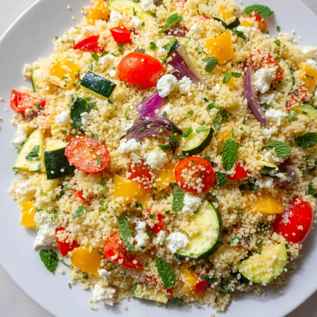 A close-up view of a fresh Roasted Veggie Couscous Salad topped with crumbled feta cheese and toasted pine nuts.
