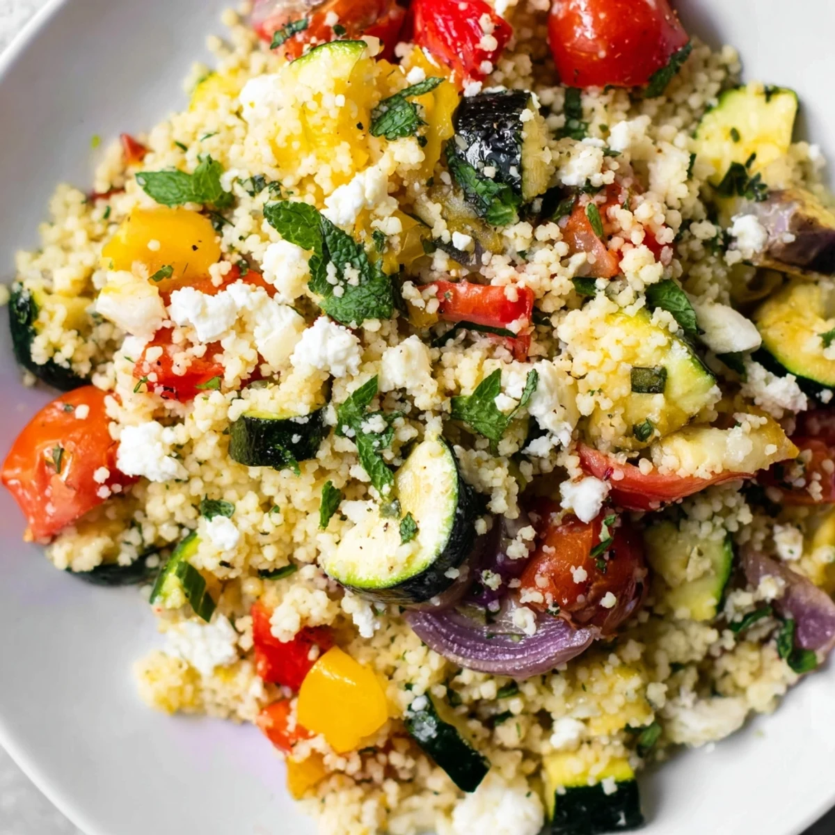 Served in a white ceramic bowl, this Mediterranean Roasted Veggie Couscous Salad is a perfect light main dish or side.
