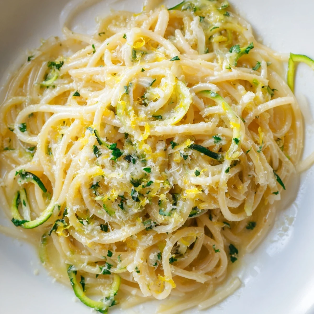 A vibrant close-up of Lemon Zucchini Pasta tossed in a glossy lemon butter sauce, garnished with fresh parsley and Parmesan cheese.