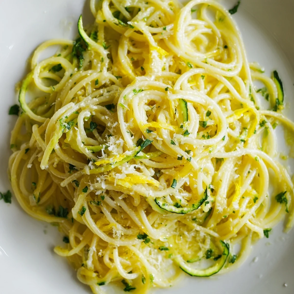 A serving of warm Lemon Zucchini Pasta in a white bowl, featuring bright yellow lemon zest and tender-crisp zucchini ribbons.