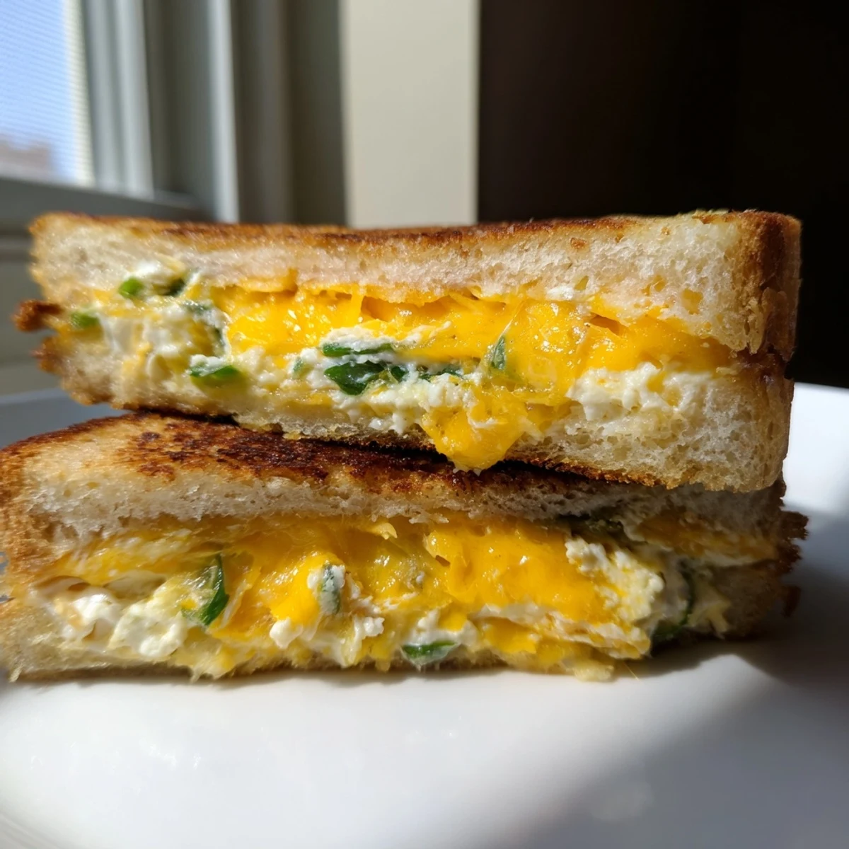Golden, buttery sourdough slices stuffed with a creamy blend of melted cheddar and fresh jalapeños for a spicy kick.  