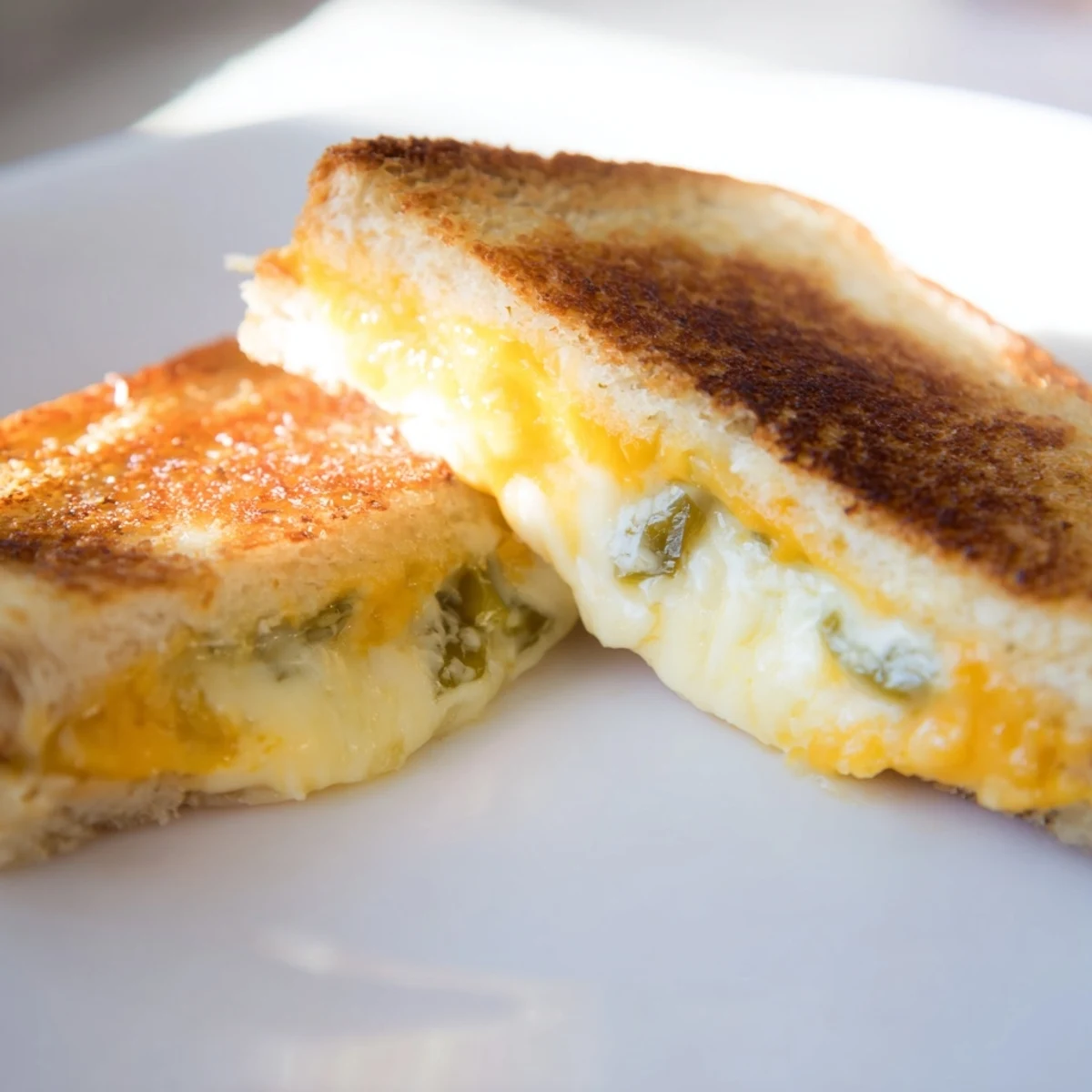 Close-up of a crispy Jalapeño Popper Grilled Cheese sandwich, showcasing the gooey, melted cheese filling oozing between golden bread.  