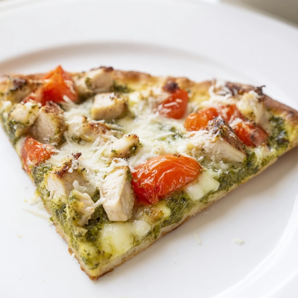 Golden-brown thin crust pizza topped with vibrant basil pesto, juicy chicken, melted mozzarella, and fresh tomato slices.  