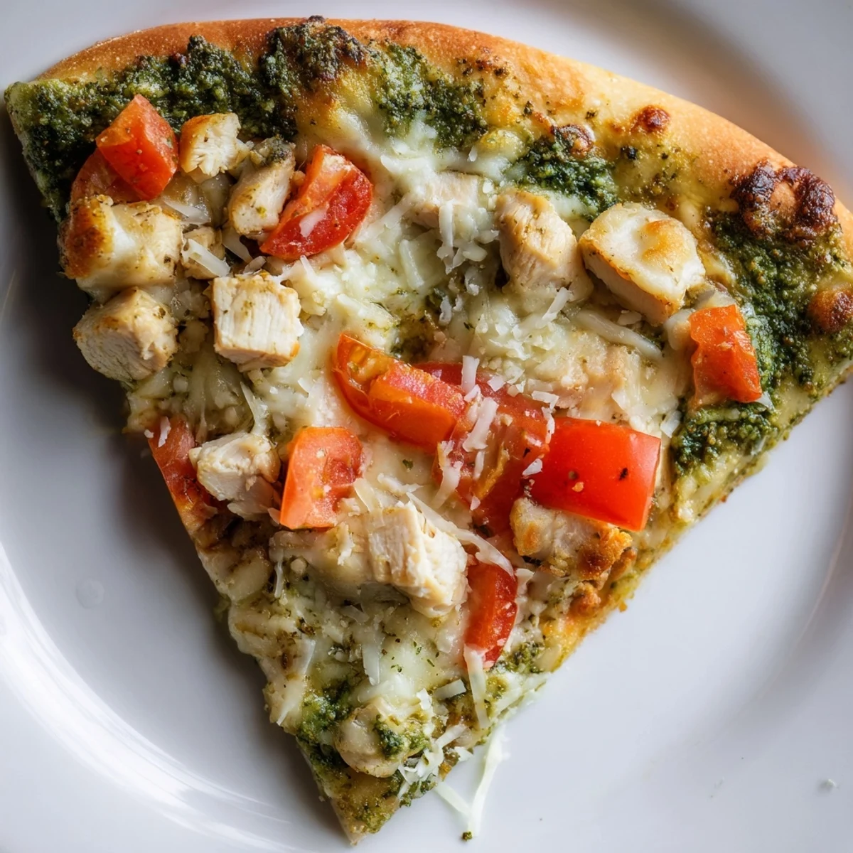A close-up of Chicken Pesto Pizza showcasing creamy mozzarella, tender chicken, and aromatic pesto on a crisp, golden crust.