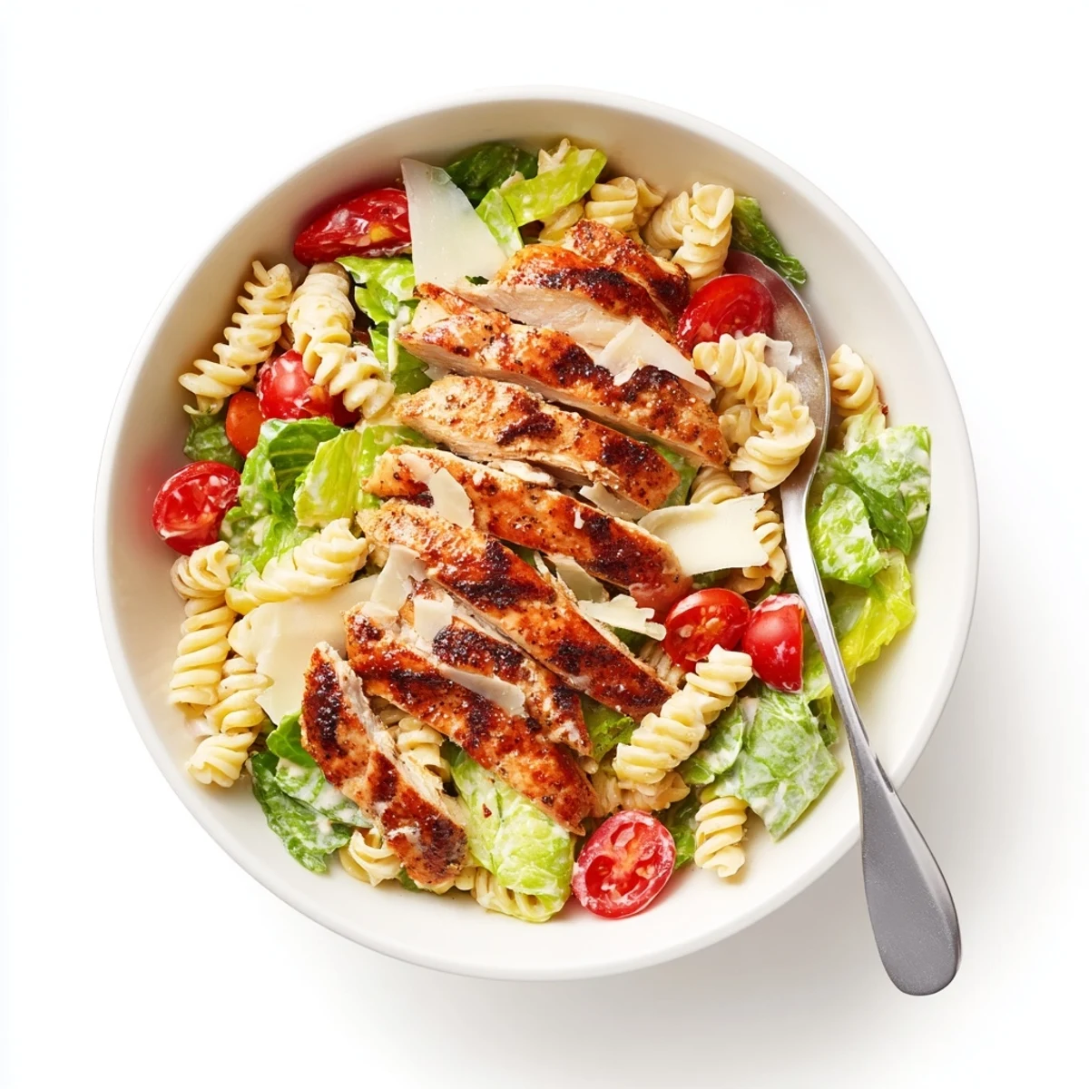 The finished Spicy Chicken Caesar Pasta features sliced grilled chicken, creamy dressing, and crisp romaine on a bed of rotini pasta.